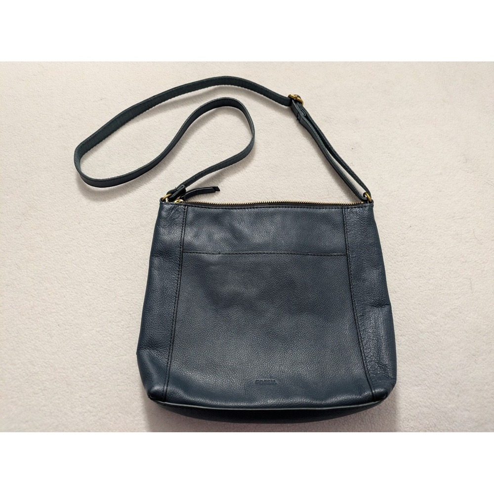 Fossil Navy Blue Leather Purse Crossbody- Gold Toned Hardware-Square